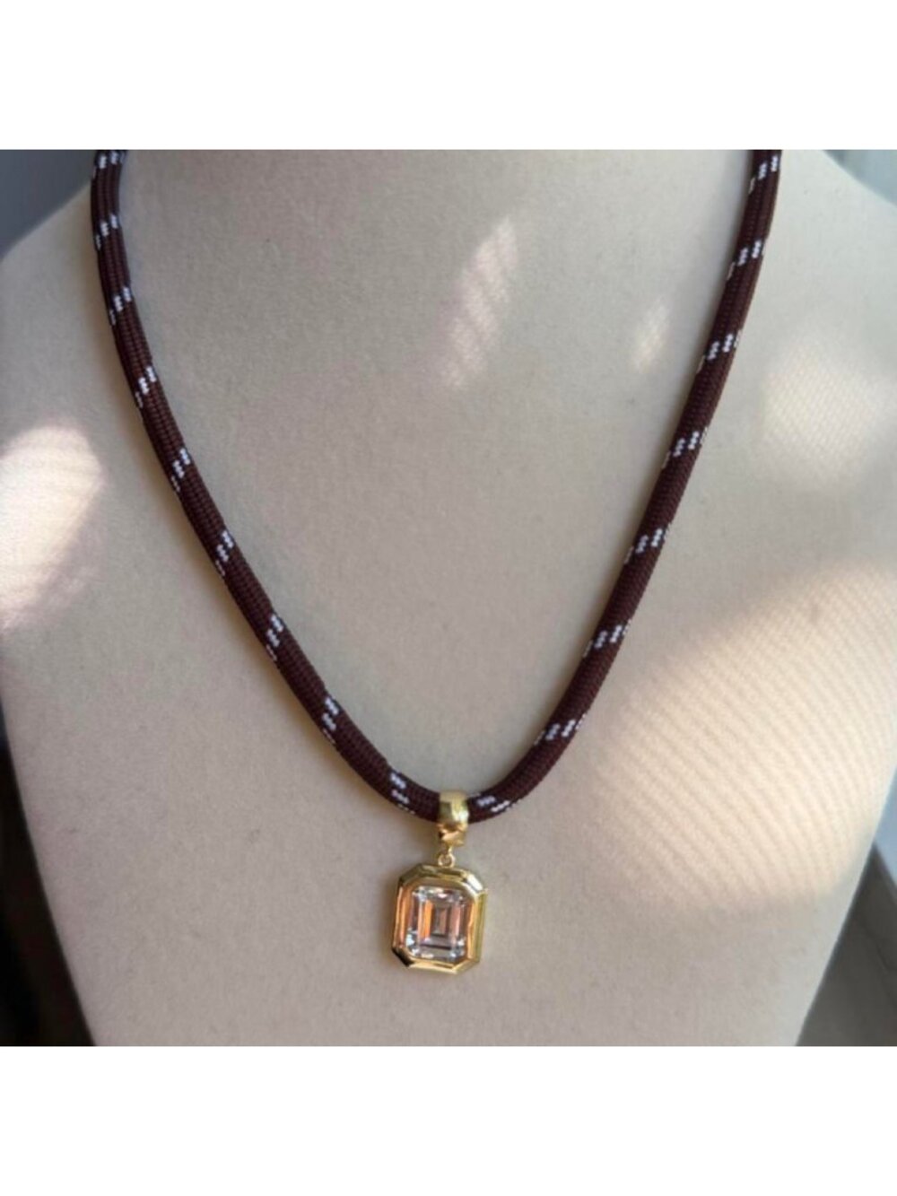 Brown & White Rope Necklace with Emerald-Cut Pendant